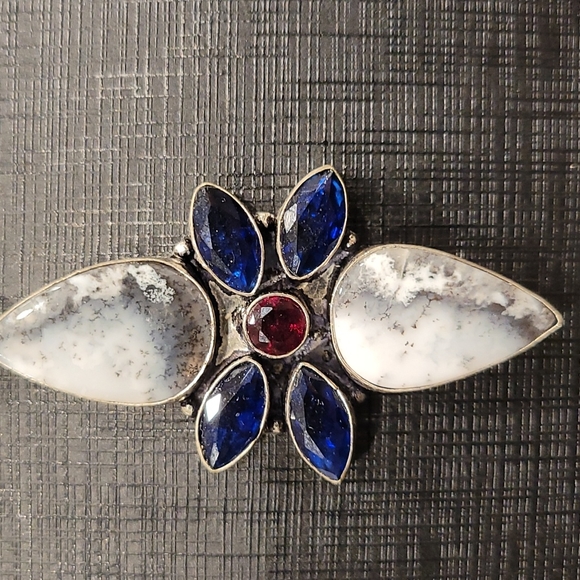 Garnet, Sapphire, Dendrite Opal & 925 Silver Pendant - Picture 3 of 5